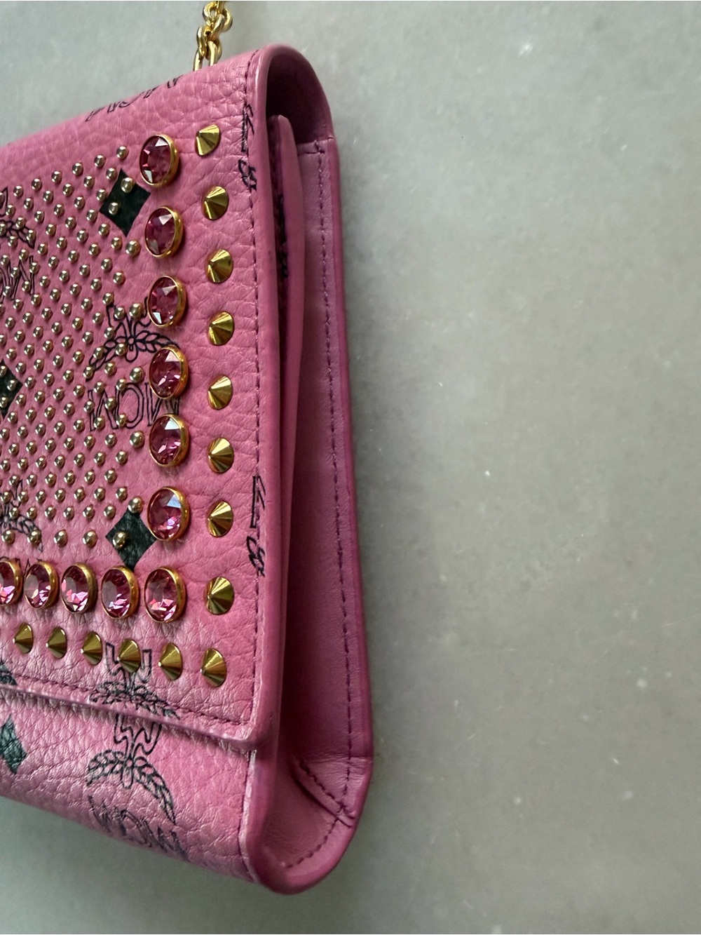 MCM Pink Rhinestone & Gold-Studded Leather Chain Crossbody WOC - Picture 4 of 13
